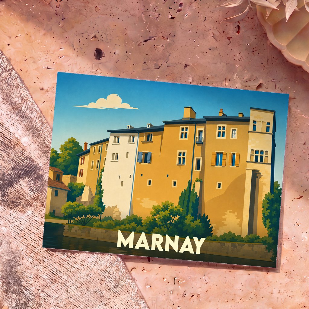 Carte postale souvenir de la ville de Marnay avec une illustration stylisée de ses bâtiments en bord de rivière.