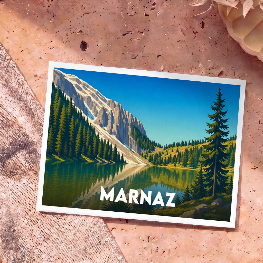 Carte postale souvenir de la ville de Marnaz illustrant un paysage de montagne se reflétant dans un lac.