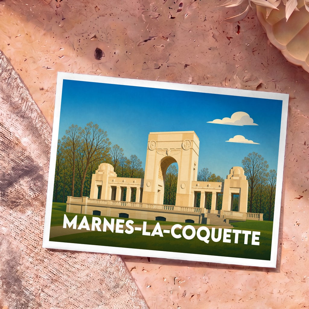 Carte postale souvenir de la ville de Marnes-la-Coquette avec une illustration stylisée du Mémorial de l'Escadrille La Fayette.