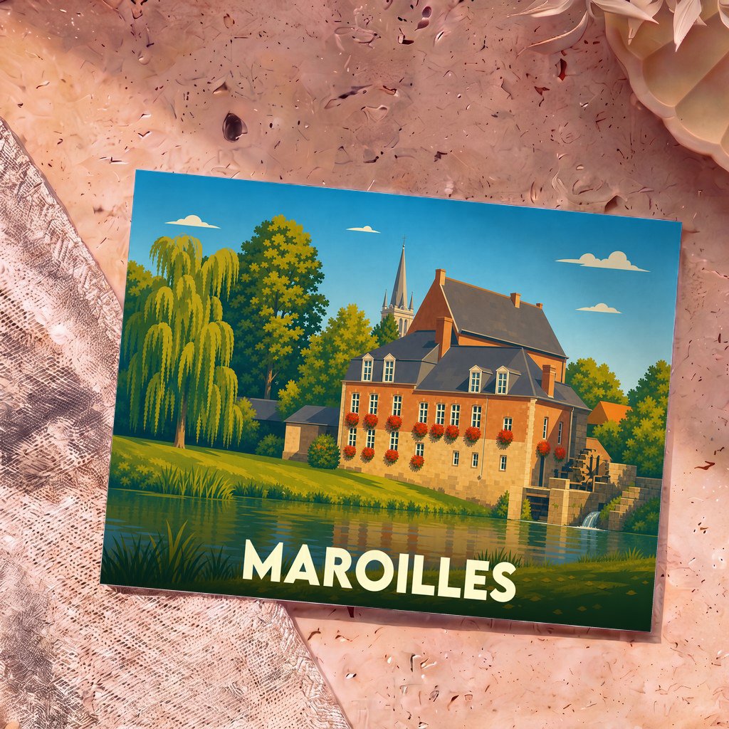 Carte postale souvenir de la ville de Maroilles avec une illustration stylisée d'un moulin au bord de l'eau.