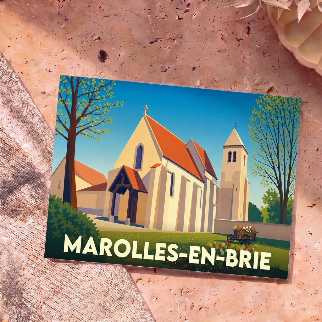 Carte postale souvenir de la ville de Marolles-en-Brie illustrant son église avec un style graphique épuré.