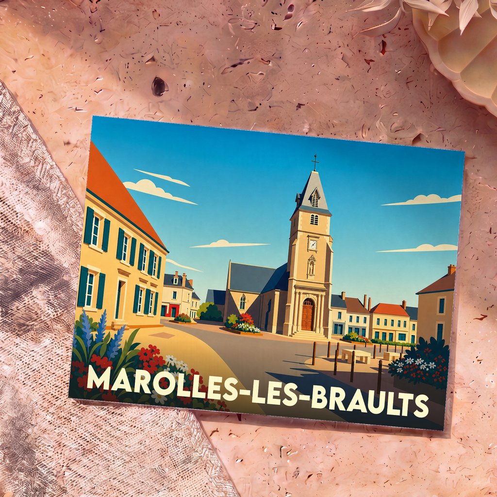 Carte postale souvenir de la ville de Marolles-les-Braults avec une illustration stylisée d'une place de village et son église.