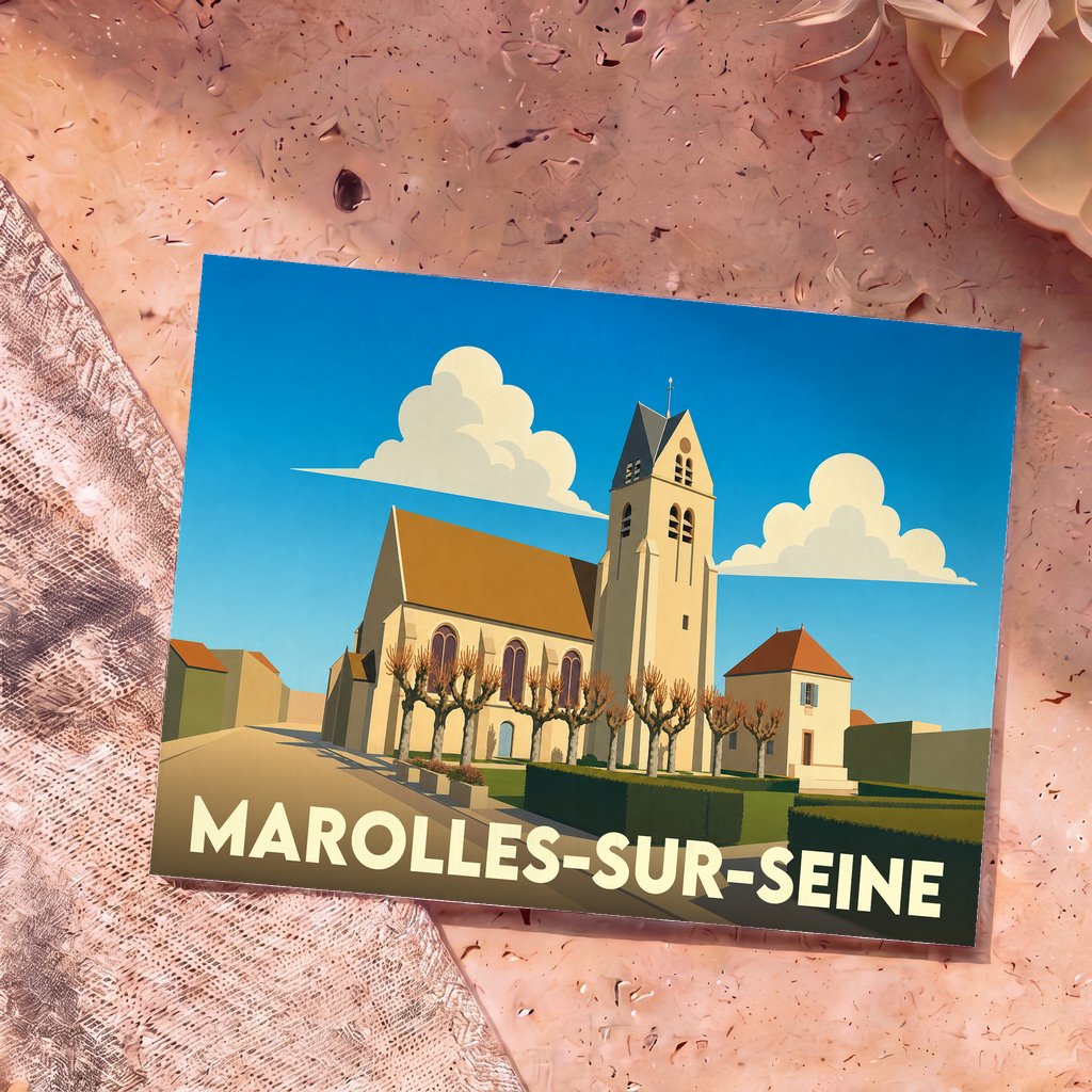 Carte postale souvenir de la ville de Marolles-sur-Seine avec une illustration stylisée de son église sous un ciel bleu.