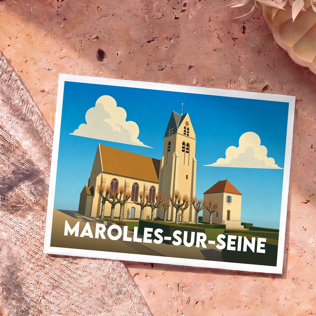 Carte postale souvenir de la ville de Marolles-sur-Seine avec une illustration stylisée de son église sous un ciel bleu.