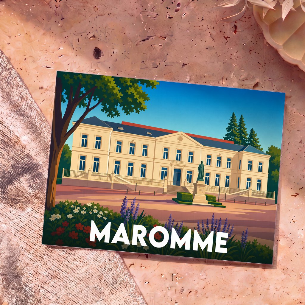 Carte postale souvenir de la ville de Maromme avec une illustration stylisée de son hôtel de ville.