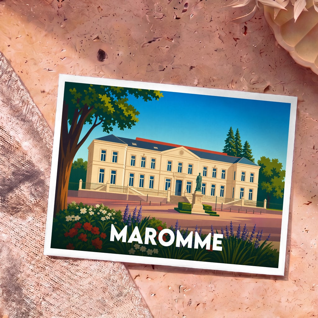 Carte postale souvenir de la ville de Maromme avec une illustration stylisée de son hôtel de ville.