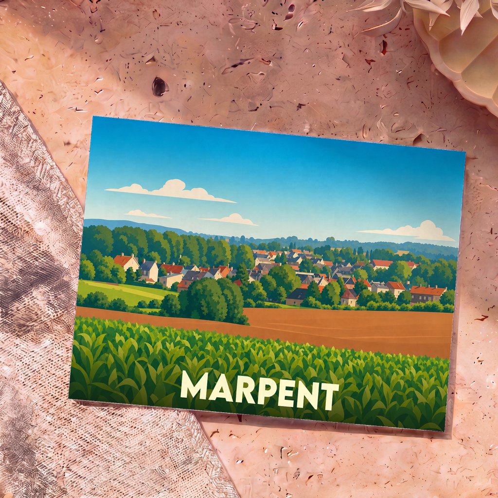 Carte postale souvenir de la ville de Marpent avec une illustration stylisée de son paysage rural et ses habitations.