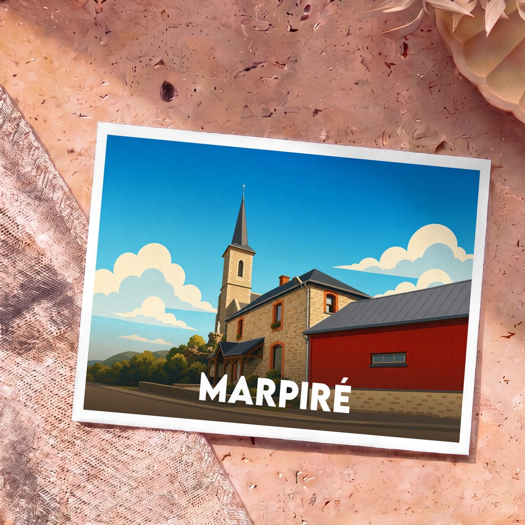 Carte postale souvenir de la ville de Marpiré avec une illustration stylisée de son église et de bâtiments traditionnels.