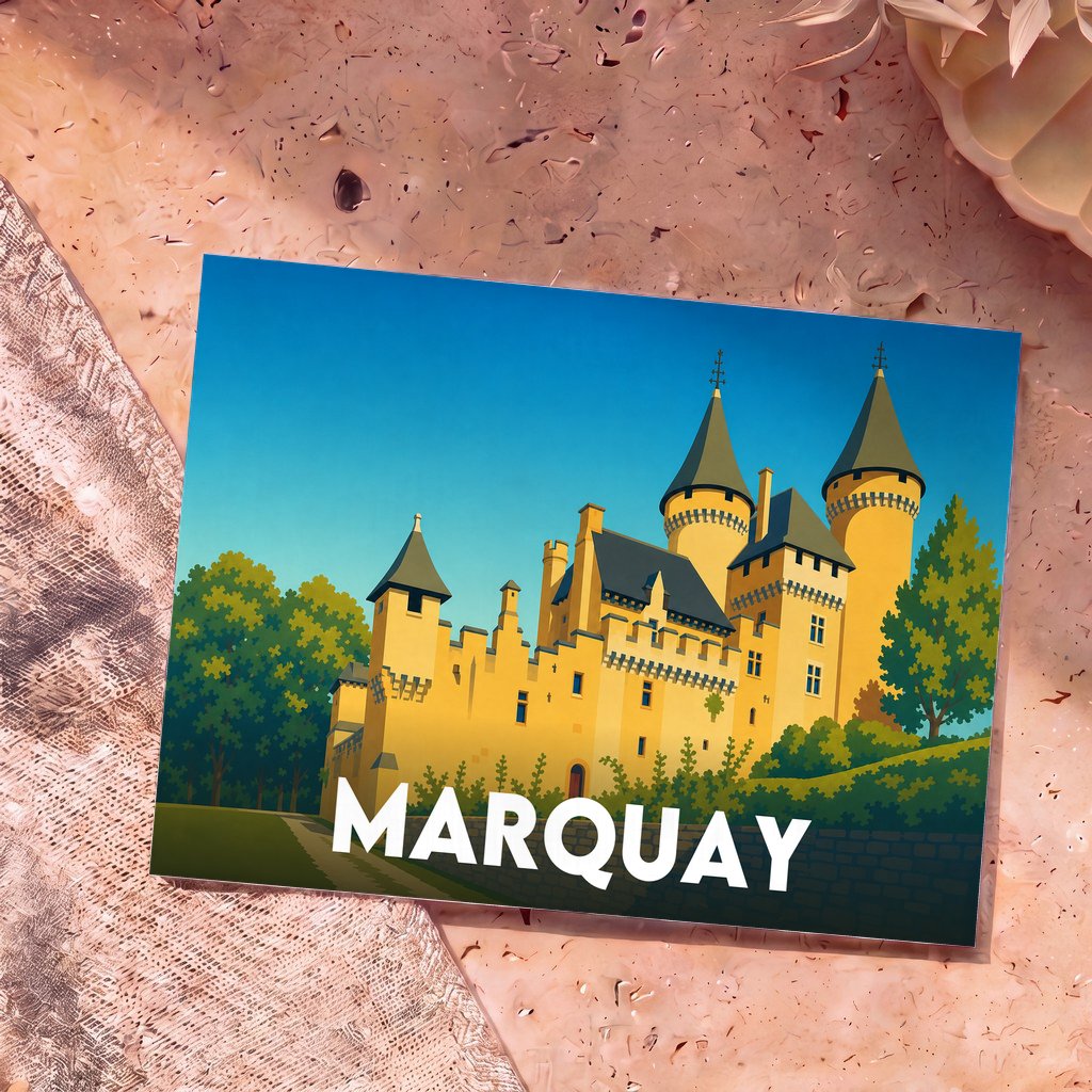 Carte postale souvenir de la ville de Marquay ornée d'une illustration stylisée de son château.