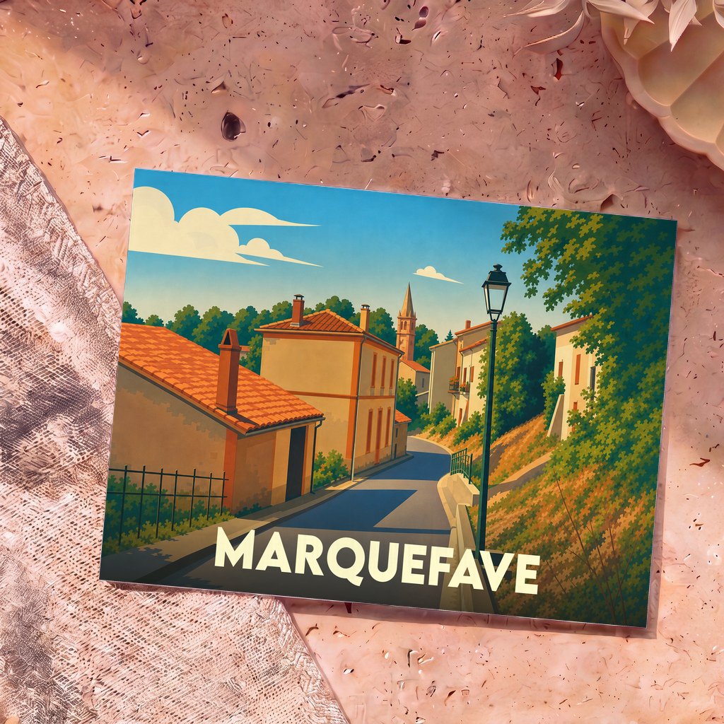 Carte postale souvenir de la ville de Marquefave avec une illustration stylisée de ses rues et de son clocher.