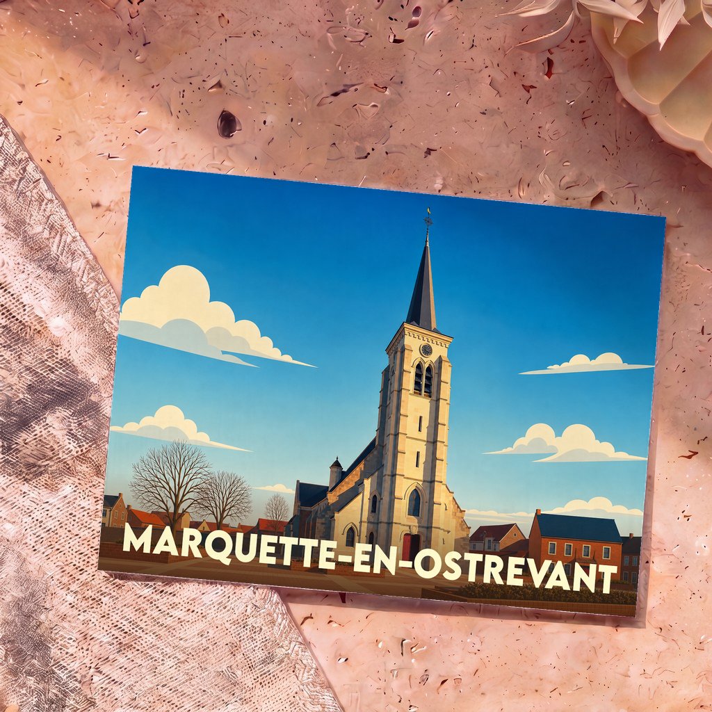 Carte postale souvenir de la ville de Marquette-en-Ostrevant avec une illustration stylisée de son église sous un ciel bleu.