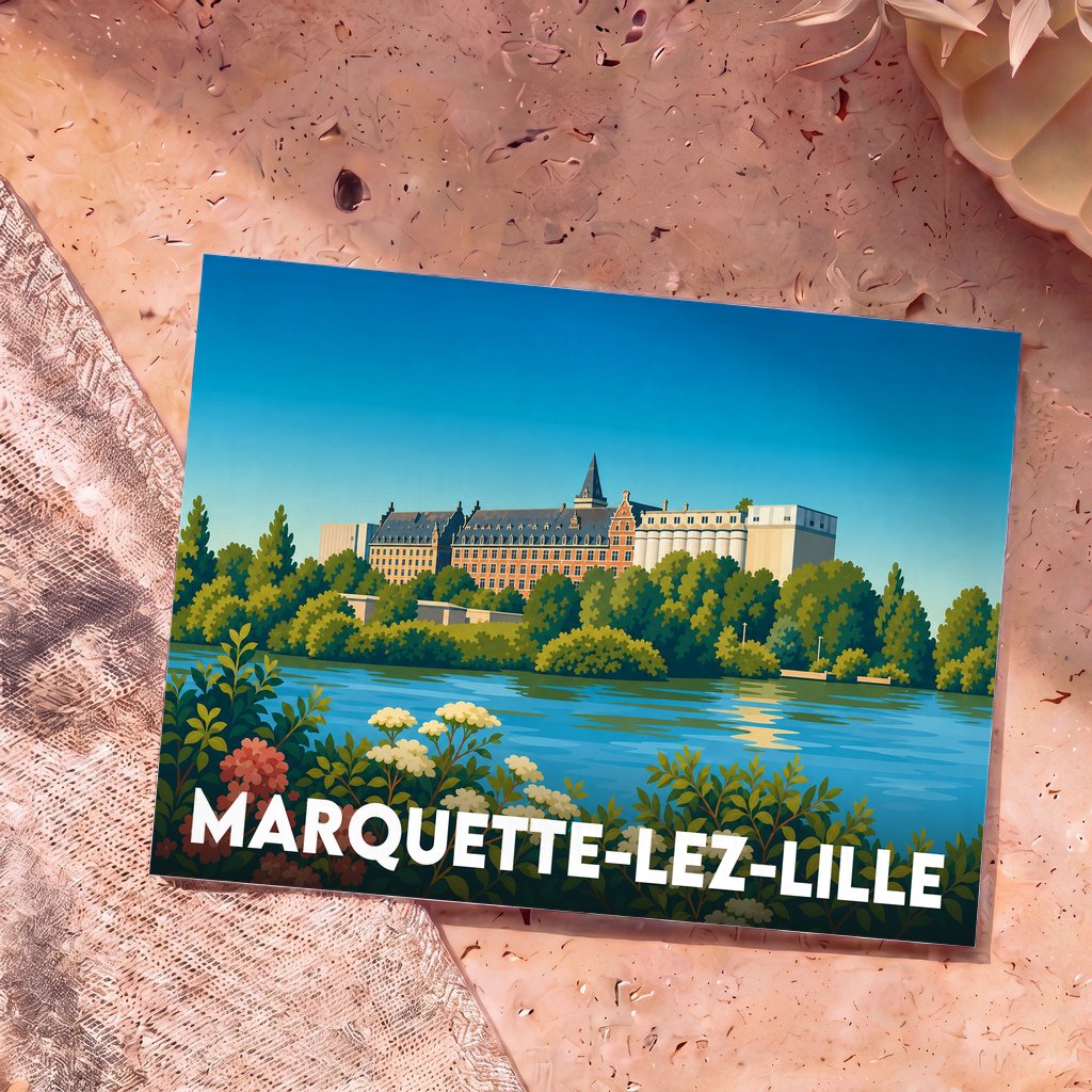 Carte postale souvenir de la ville de Marquette-lez-Lille avec une illustration stylisée des bords de la Deûle et des Grands Moulins.