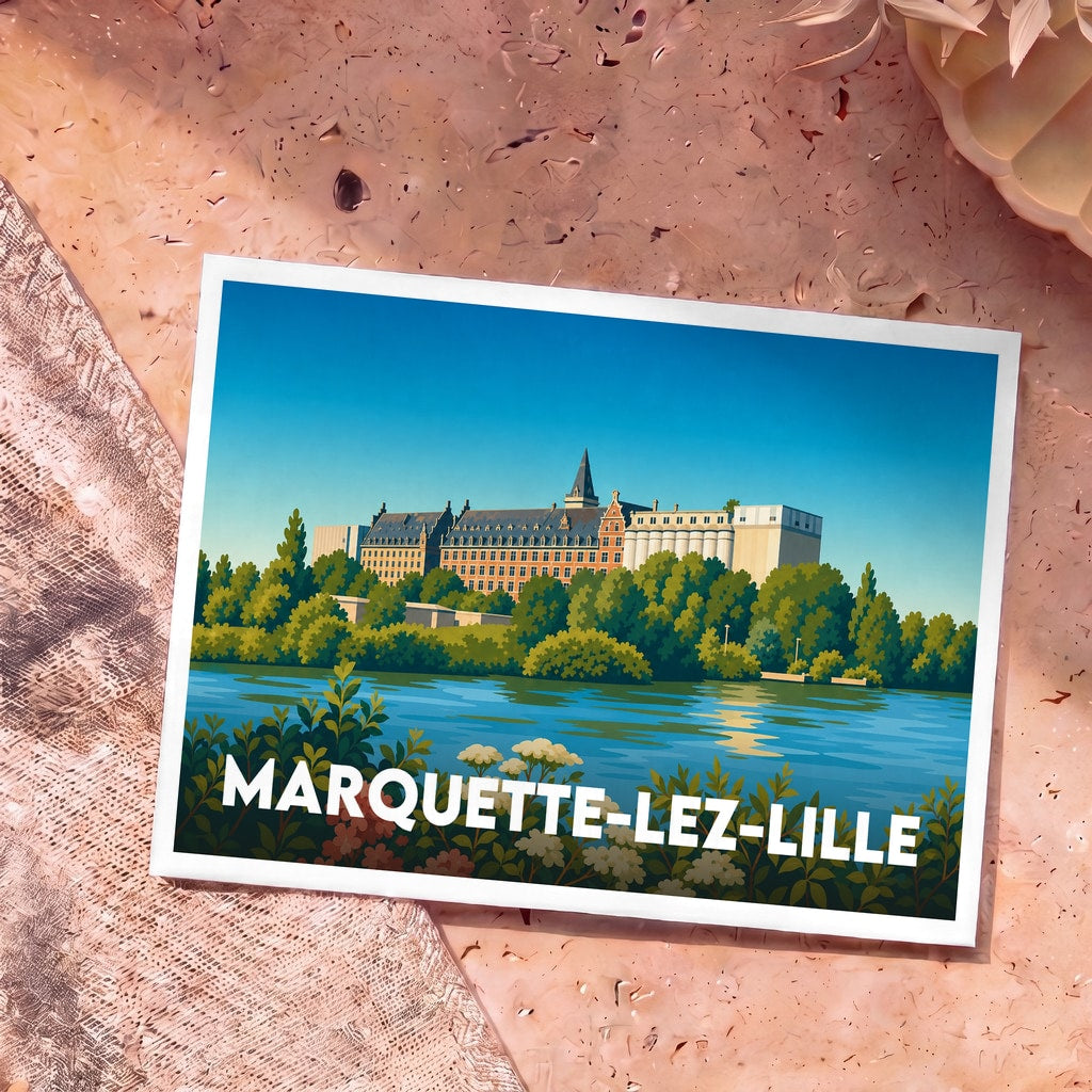 Carte postale souvenir de la ville de Marquette-lez-Lille avec une illustration stylisée des bords de la Deûle et des Grands Moulins.