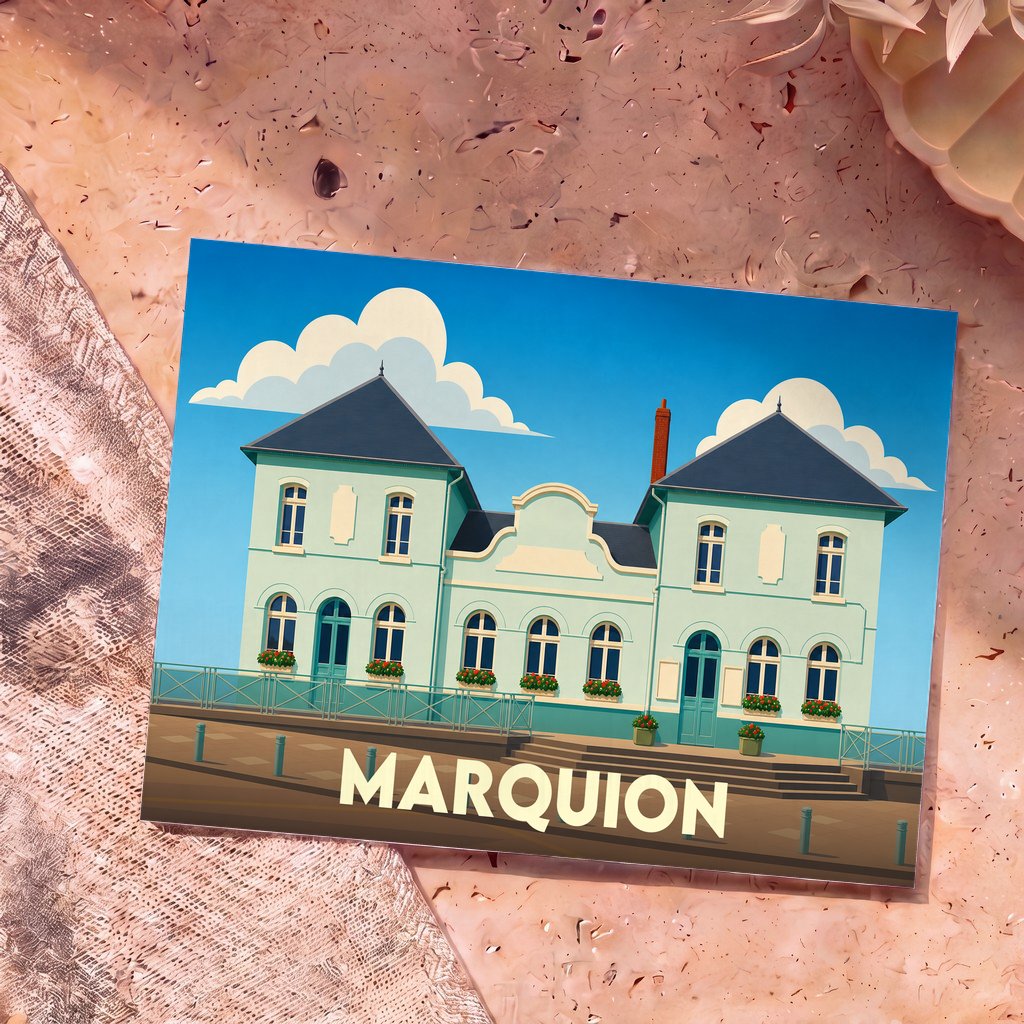 Carte postale souvenir de la ville de Marquion avec une illustration stylisée de son hôtel de ville.
