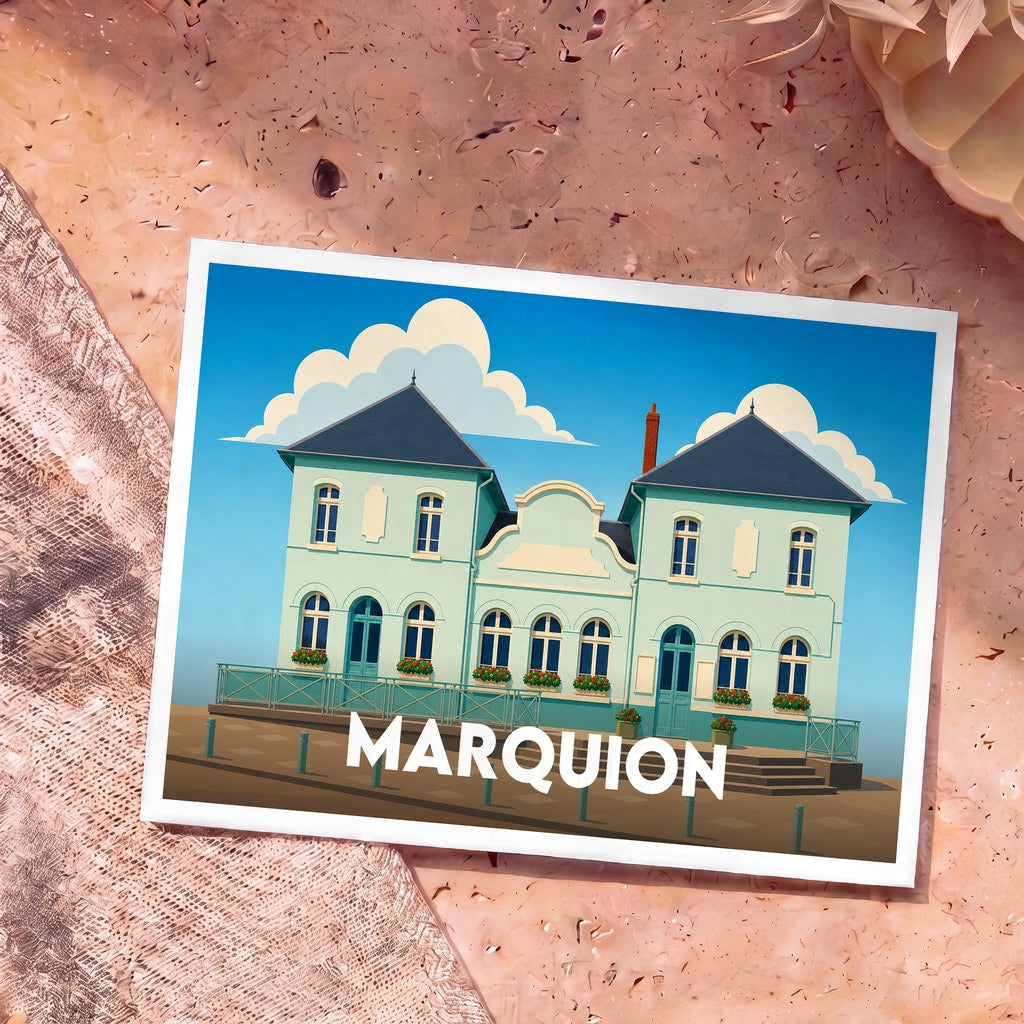 Carte postale souvenir de la ville de Marquion avec une illustration stylisée de son hôtel de ville.