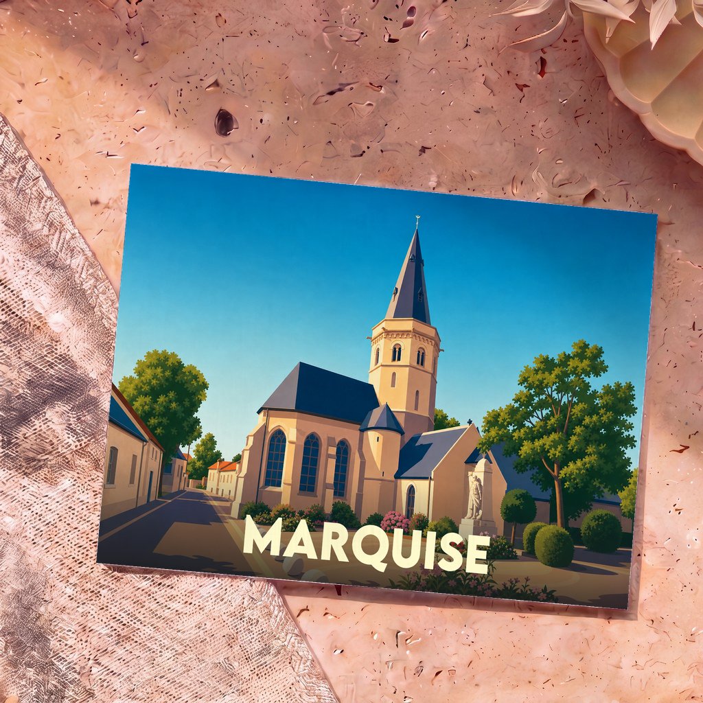 Carte postale souvenir de la ville de Marquise illustrant son église dans un style graphique épuré.