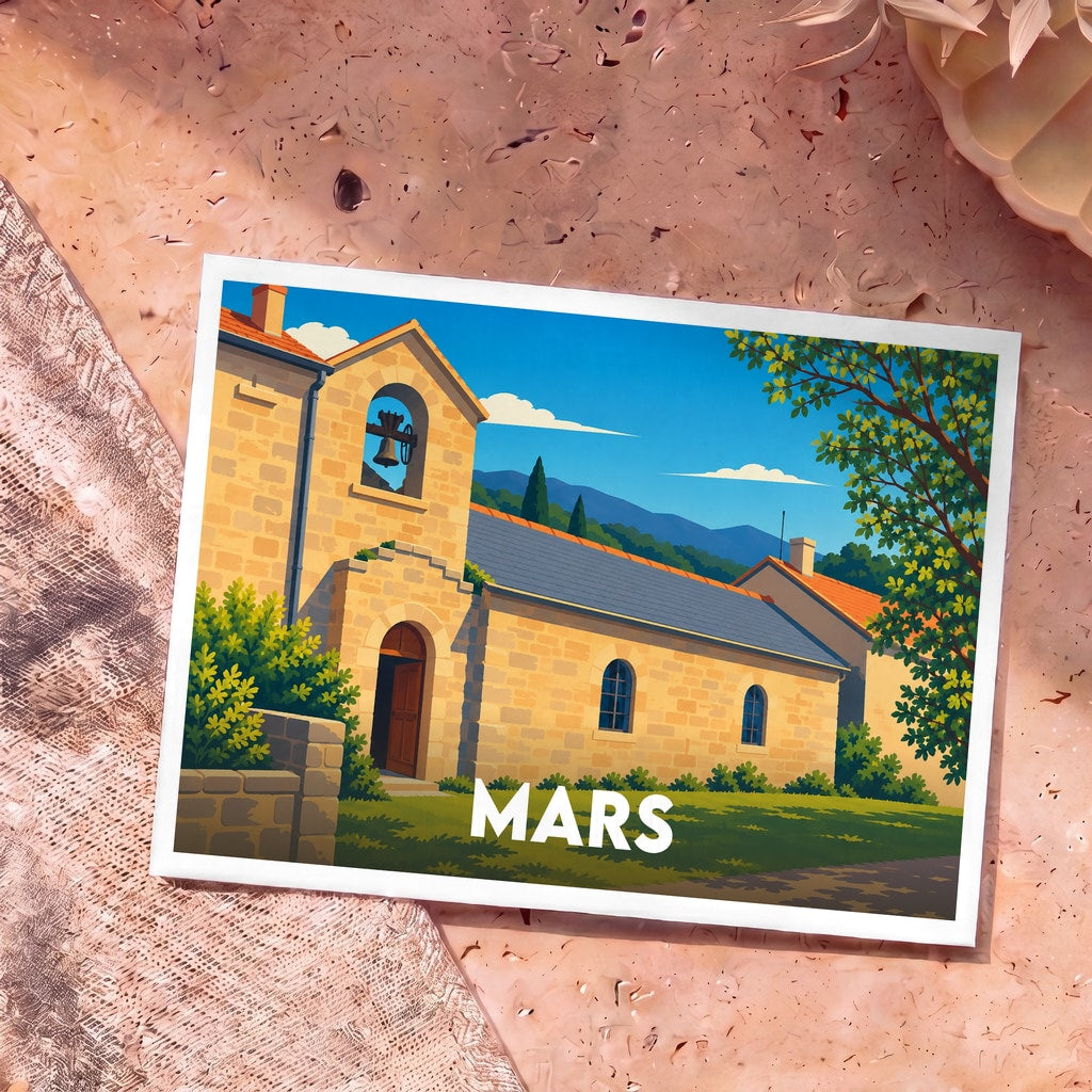Carte postale souvenir de la ville de Mars avec une illustration stylisée de son église en pierre sous un ciel bleu.