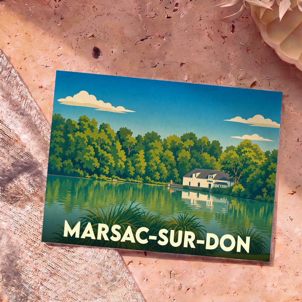 Carte postale souvenir de la ville de Marsac-sur-Don avec une illustration stylisée d'un paysage de bord de rivière.