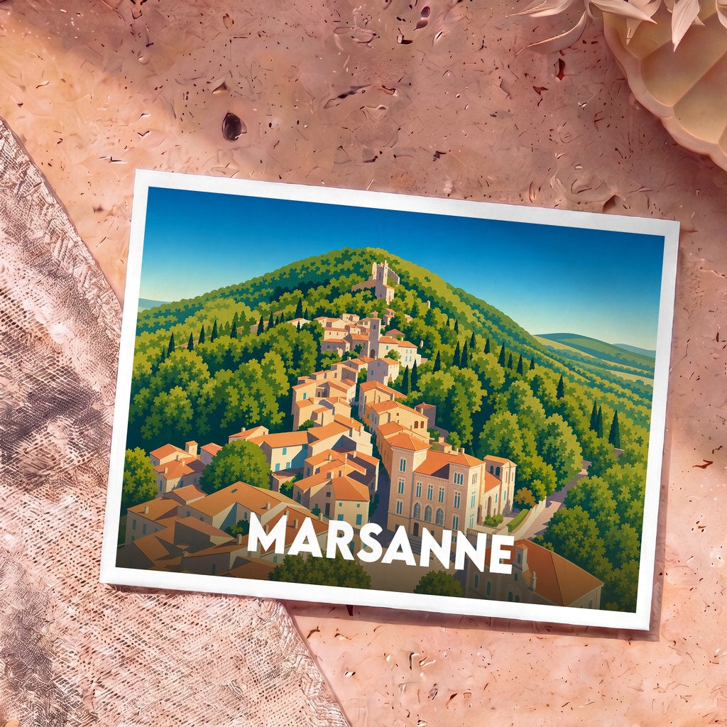 Carte postale souvenir de la ville de Marsanne avec une illustration stylisée d'un village perché.