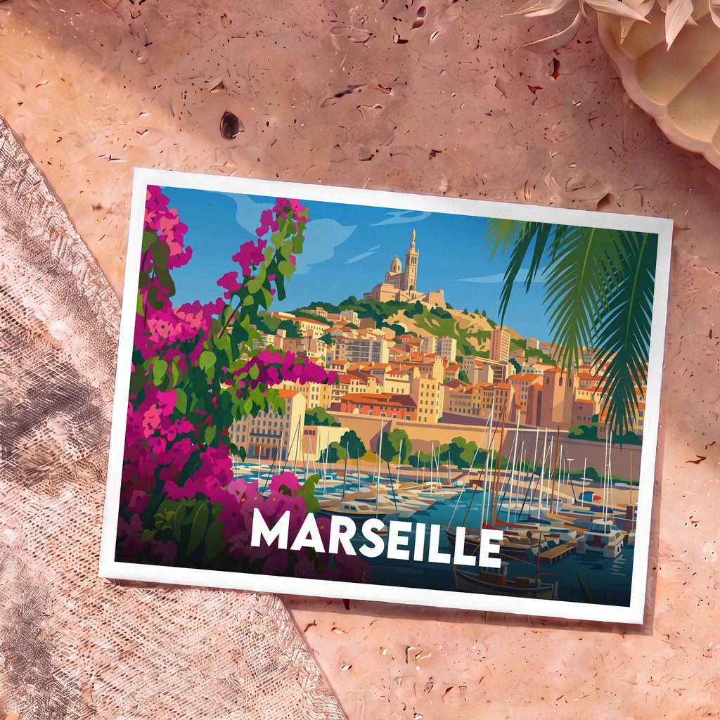 Carte postale souvenir de la ville de Marseille avec une illustration stylisée de son vieux port.