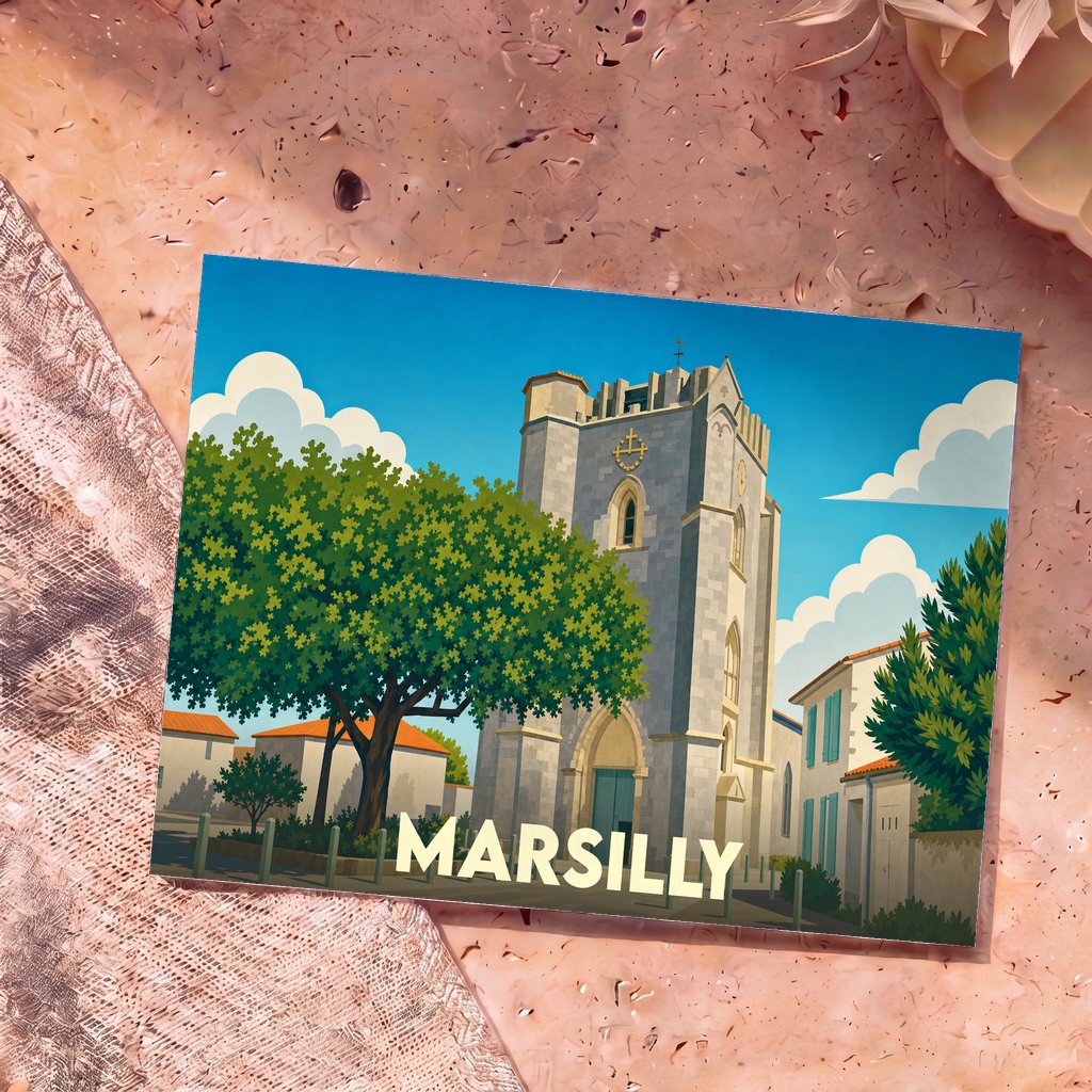 Carte postale souvenir de la ville de Marsilly avec une illustration stylisée de son église fortifiée.