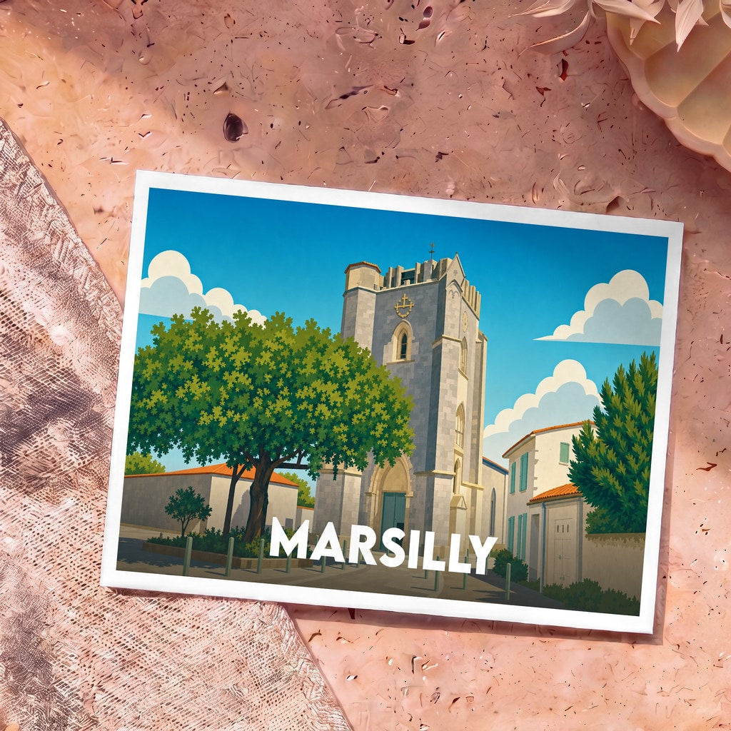 Carte postale souvenir de la ville de Marsilly avec une illustration stylisée de son église fortifiée.