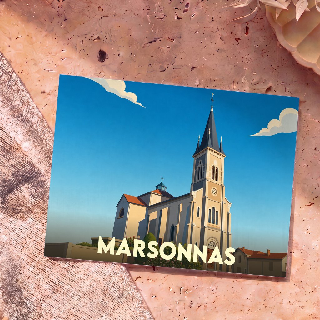 Carte postale souvenir de la ville de Marsonnas présentant une illustration stylisée de son église sous un ciel bleu.
