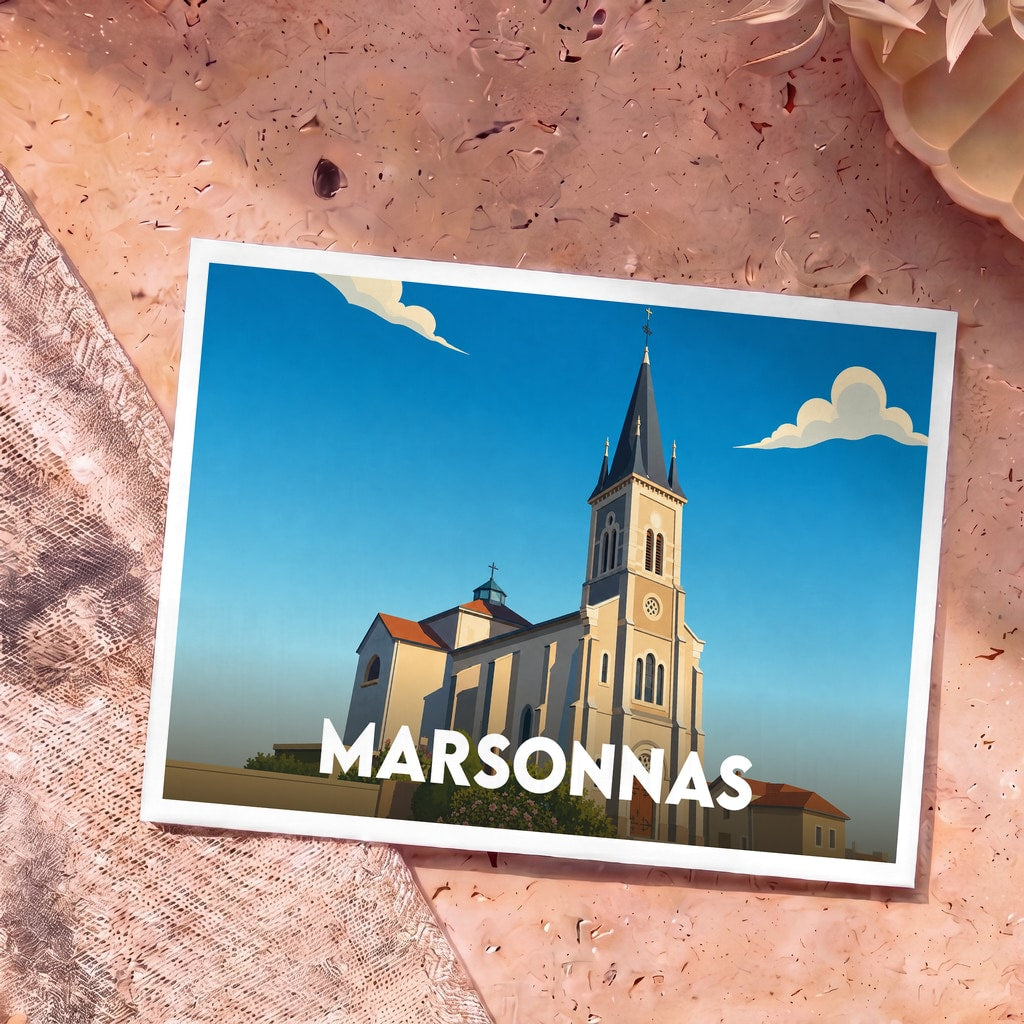 Carte postale souvenir de la ville de Marsonnas présentant une illustration stylisée de son église sous un ciel bleu.