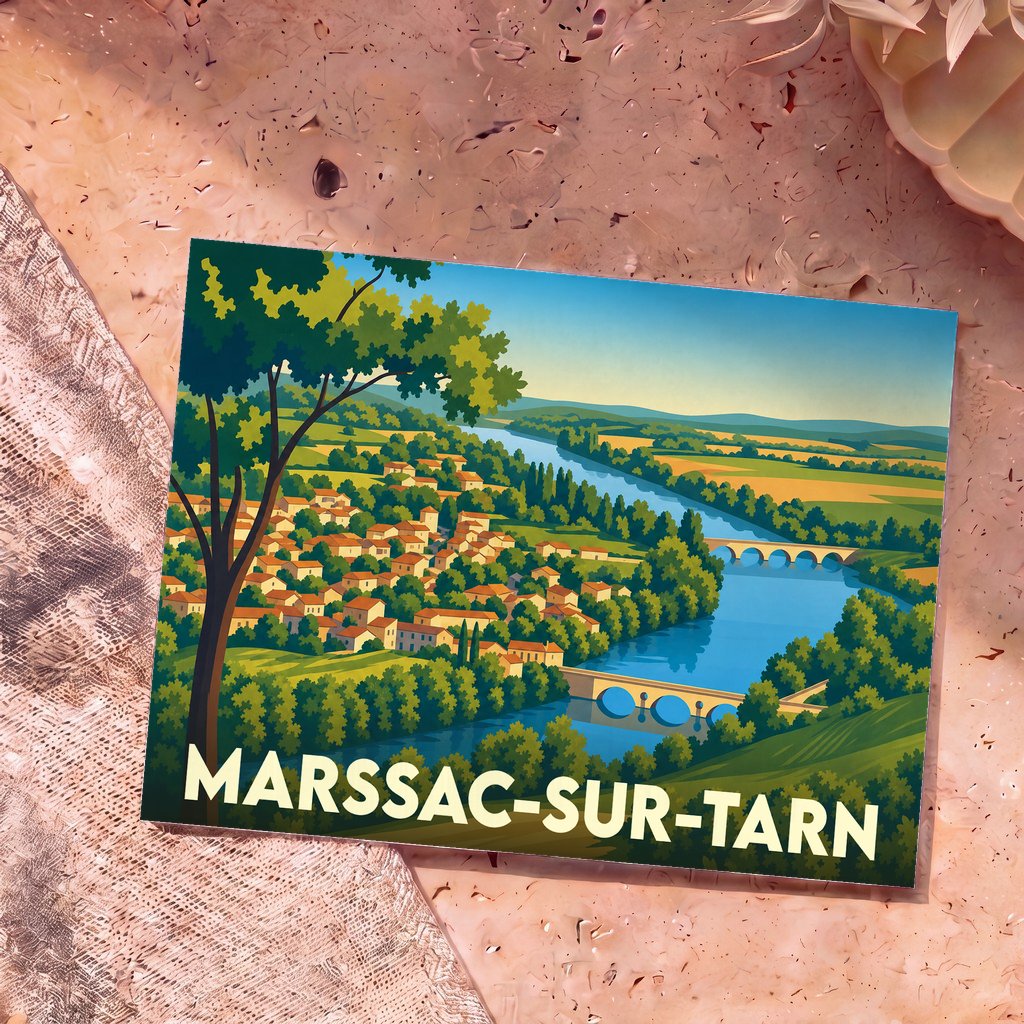 Carte postale souvenir de Marssac-sur-Tarn avec une illustration stylisée de la ville et du fleuve.