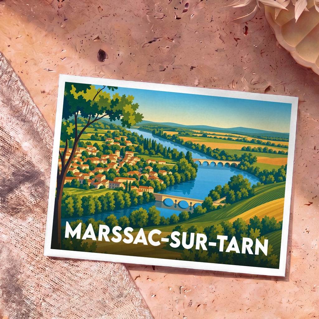 Carte postale souvenir de Marssac-sur-Tarn avec une illustration stylisée de la ville et du fleuve.