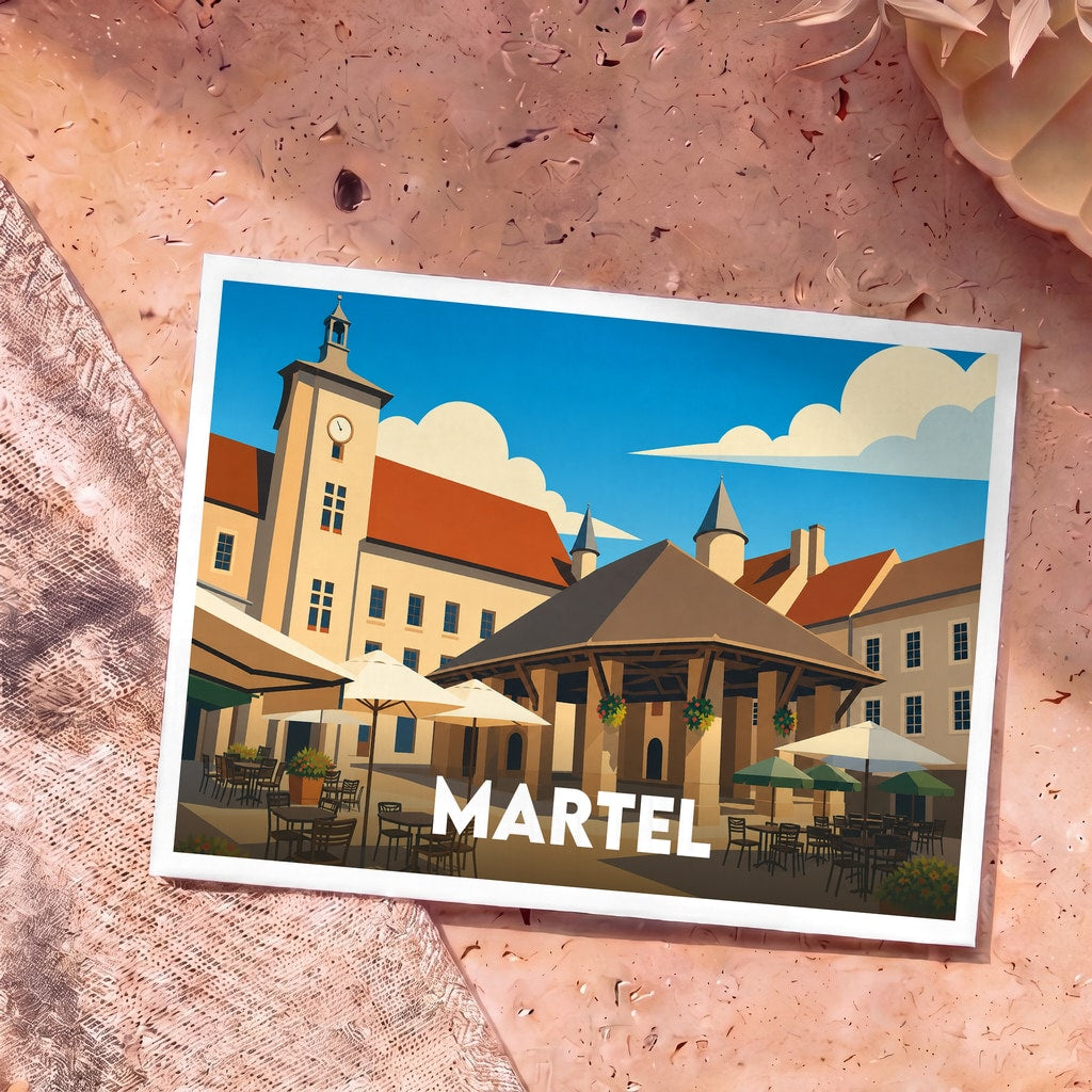 Carte postale souvenir de la ville de Martel avec une illustration stylisée de sa place principale et de sa halle.