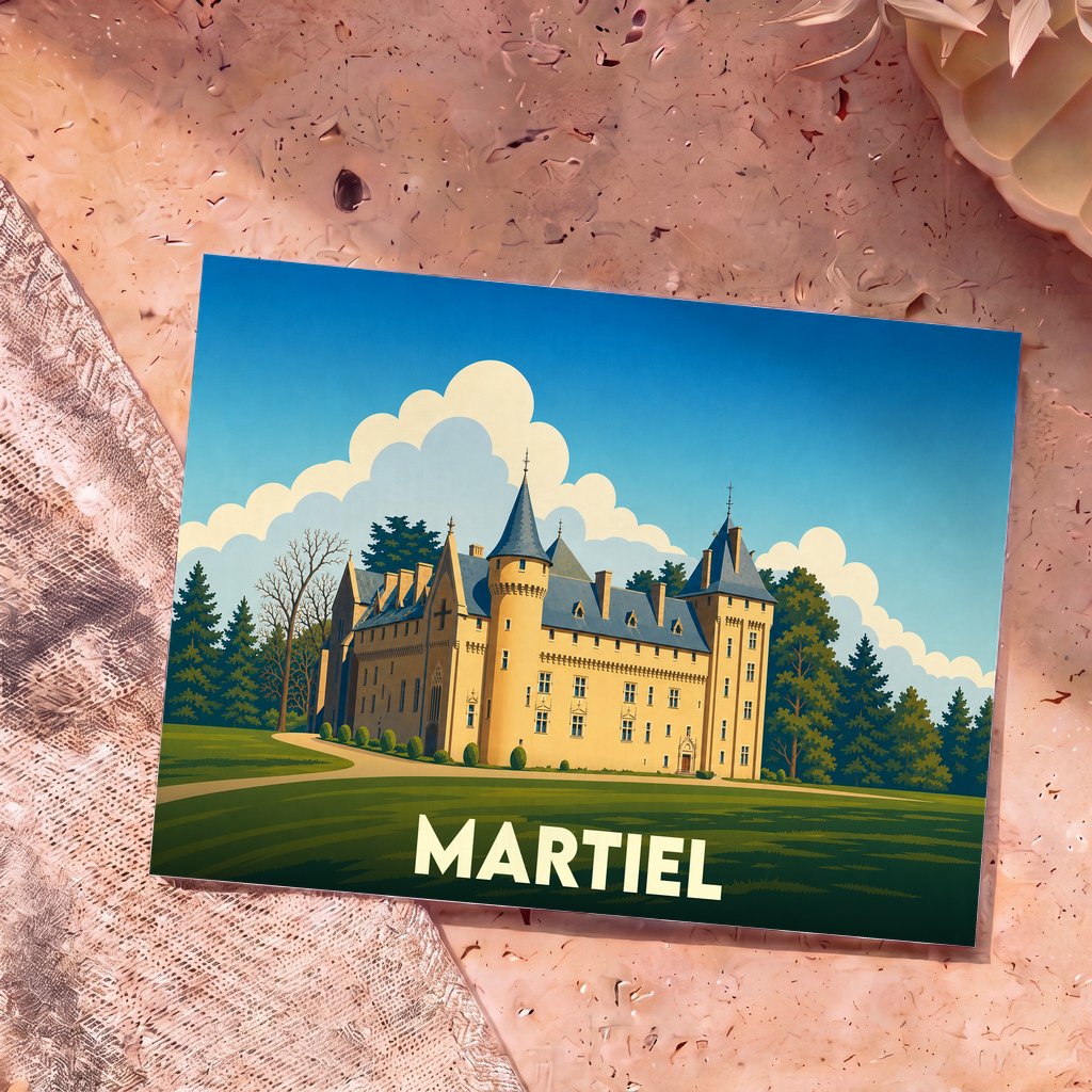 Carte postale souvenir de la ville de Martiel illustrée d'un château de style classique sous un ciel bleu.