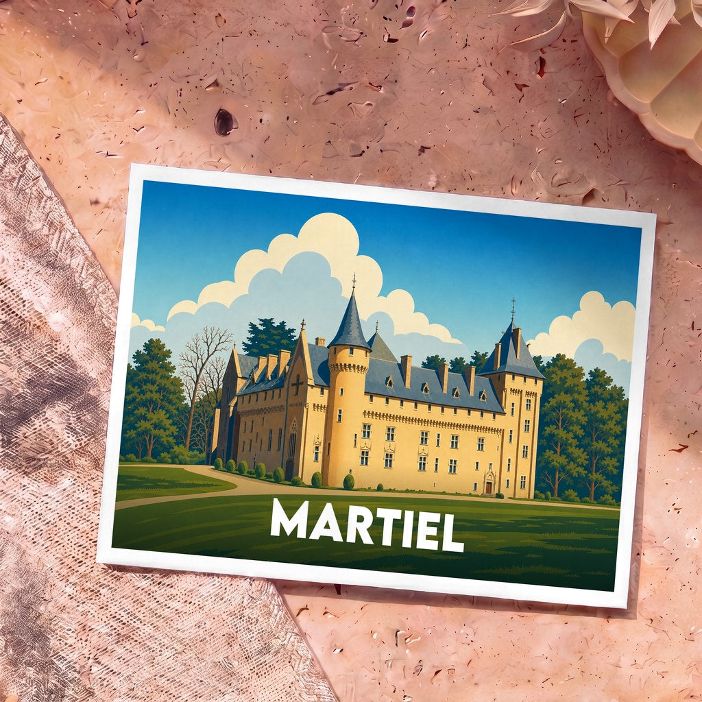 Carte postale souvenir de la ville de Martiel illustrée d'un château de style classique sous un ciel bleu.