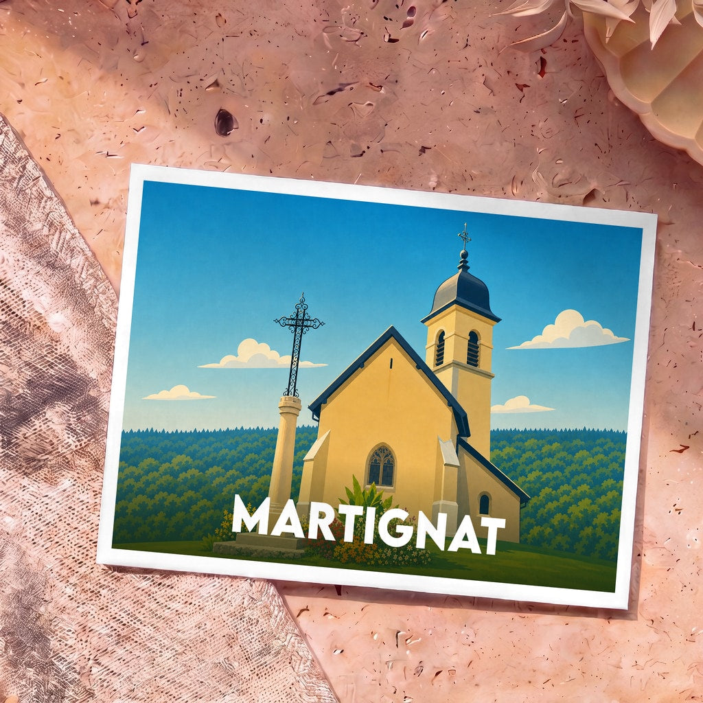 Carte postale souvenir de la ville de Martignat avec une illustration stylisée de son église et d'un calvaire.