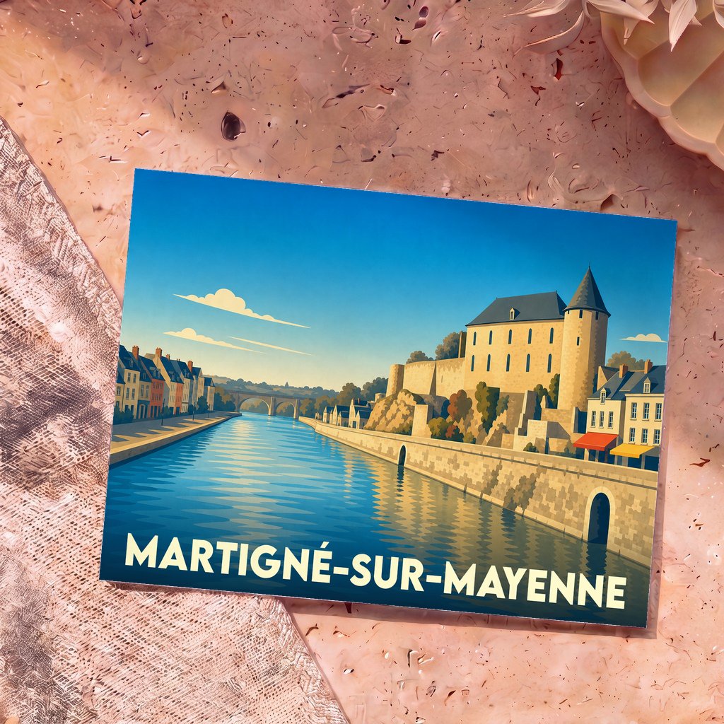 Carte postale souvenir de Martigné-sur-Mayenne avec une illustration stylisée du château bordant la rivière.