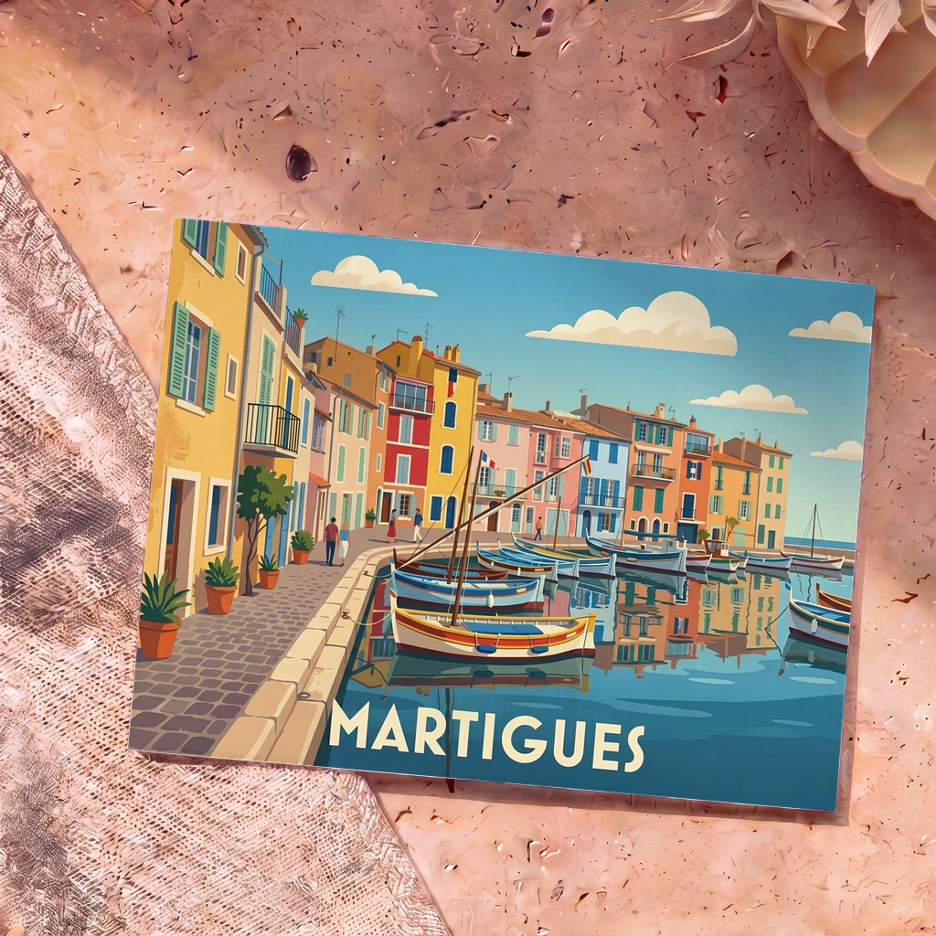 Carte postale souvenir de la ville de Martigues avec une illustration stylisée et colorée de son port de pêche.