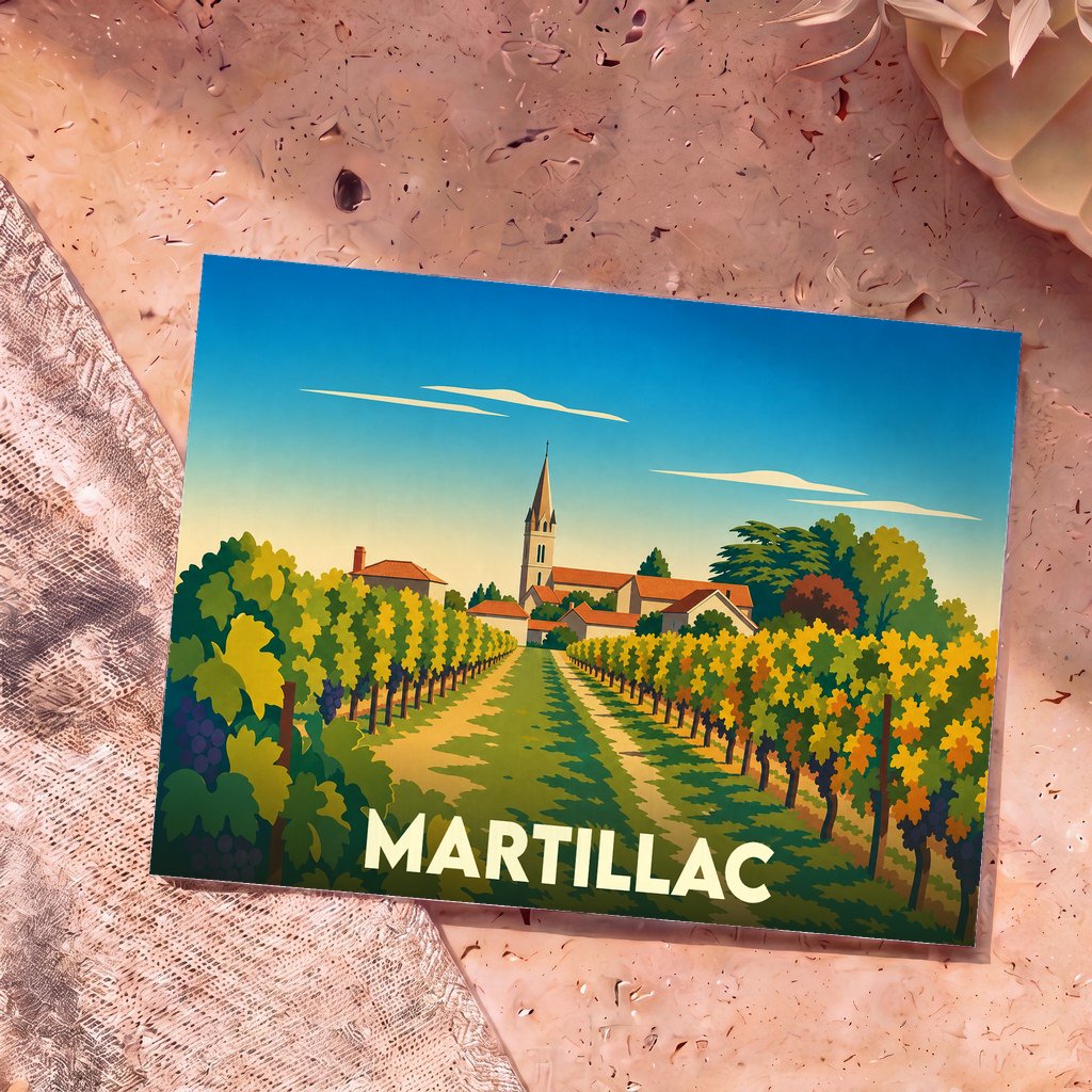Carte postale souvenir de la ville de Martillac illustrant des vignobles devant un clocher d'église dans un style vintage.