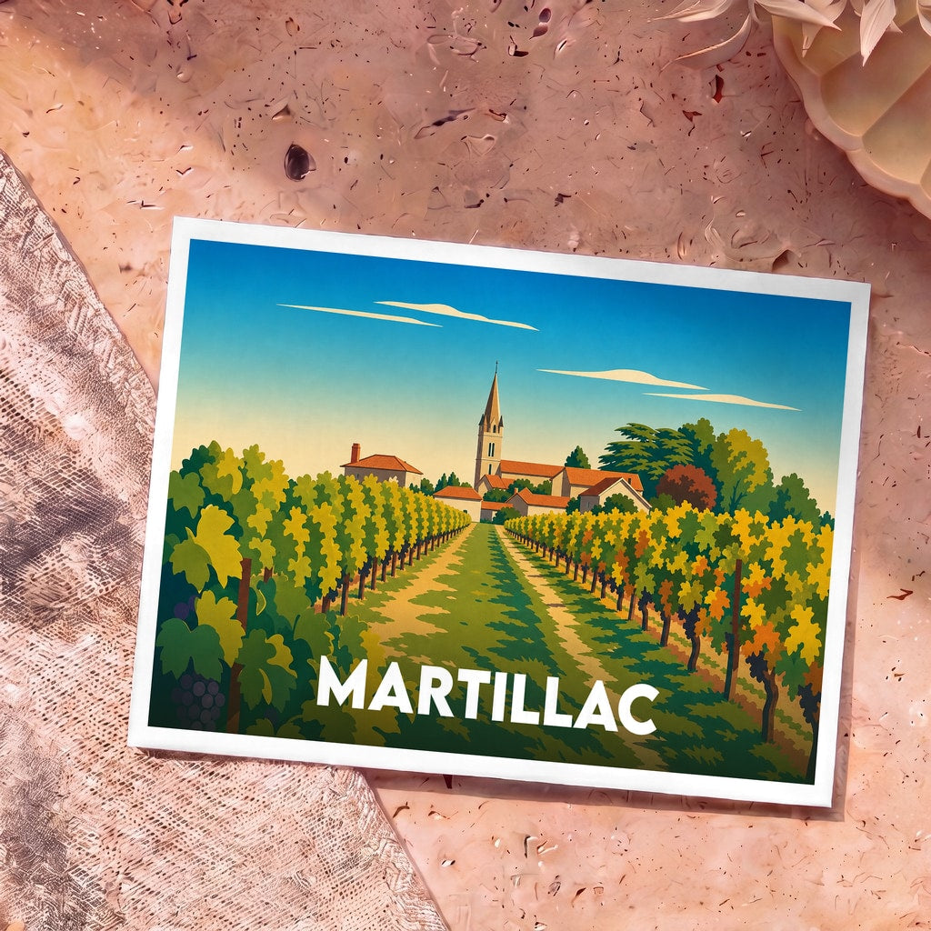 Carte postale souvenir de la ville de Martillac avec une illustration stylisée de ses vignobles et de son église.