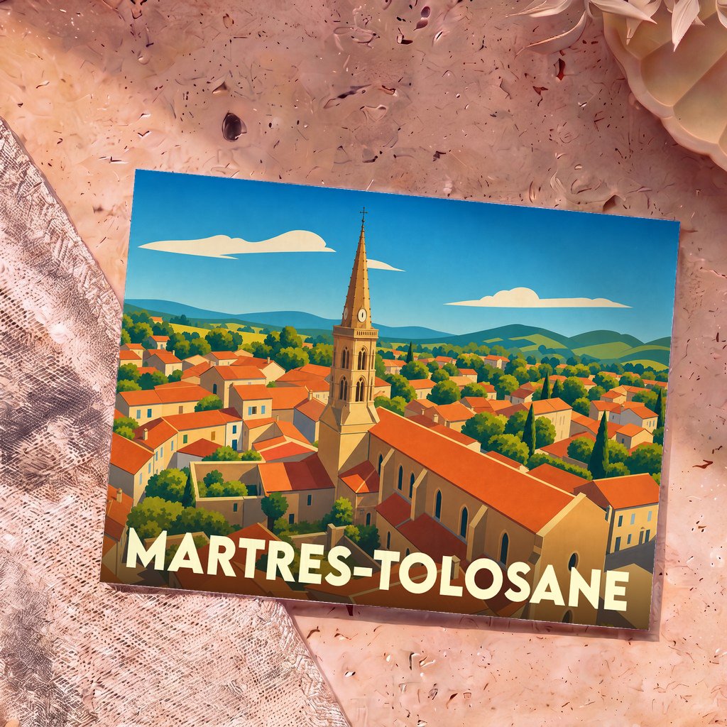 Carte postale souvenir de Martres-Tolosane avec une illustration stylisée de son église dominant les toits de la ville.
