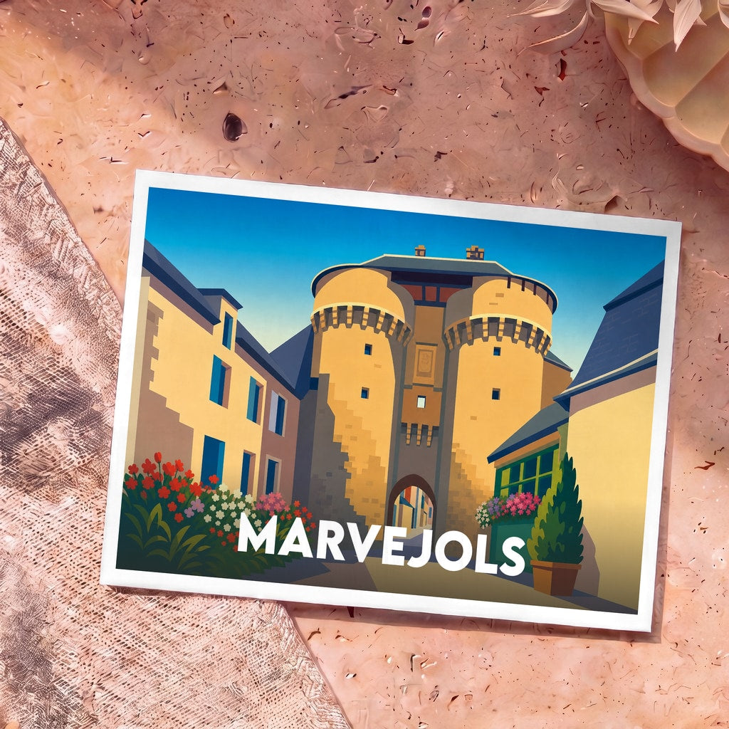 Carte postale souvenir de la ville de Marvejols illustrant l'une de ses portes médiévales dans un style graphique et coloré.