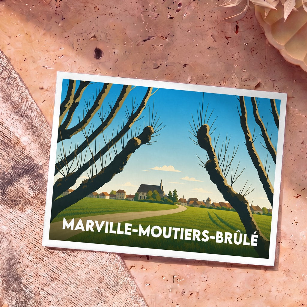 Carte postale souvenir de la ville de Marville-Moutiers-Brûlé avec une illustration stylisée d'un paysage rural.