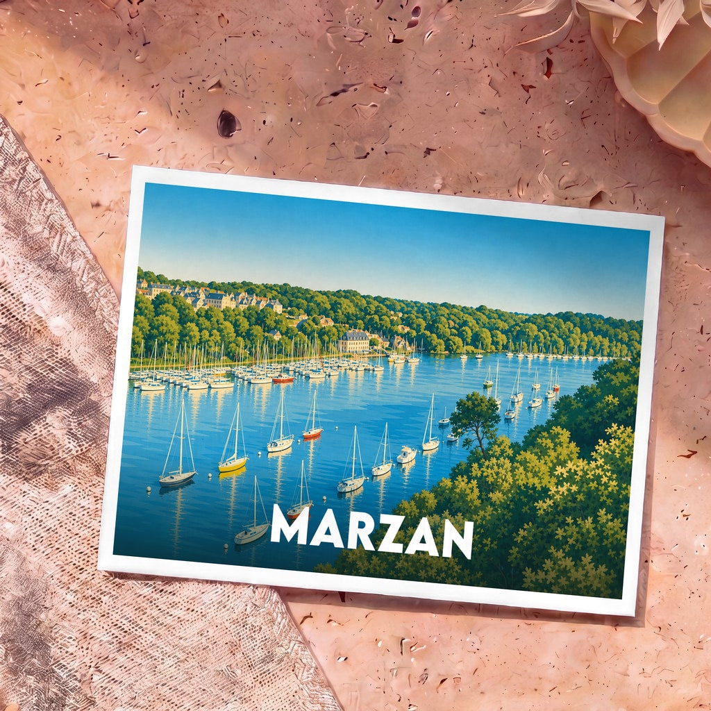 Carte postale souvenir de la ville de Marzan avec une illustration stylisée d'un port de plaisance.