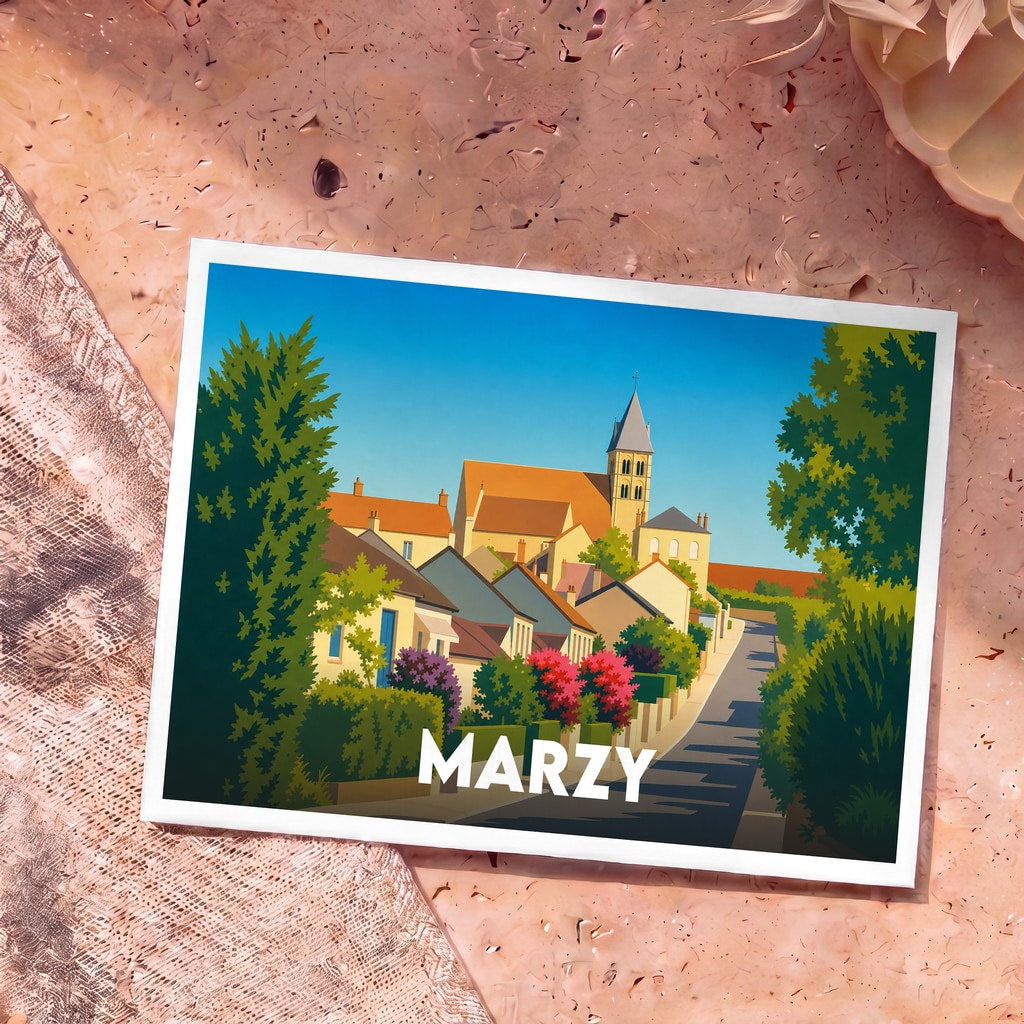 Carte postale souvenir de la ville de Marzy avec une illustration stylisée de son église et de ses maisons fleuries.