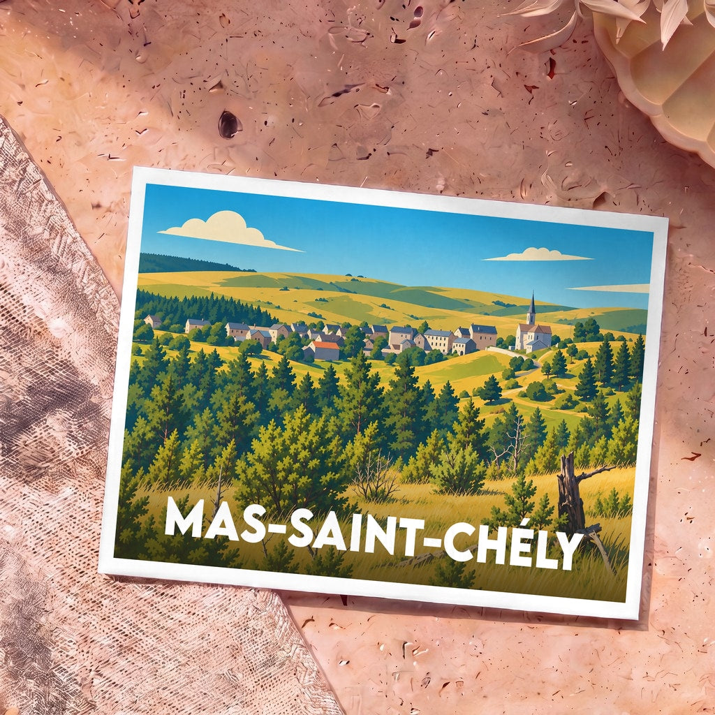 Carte postale souvenir de la commune de Mas-Saint-Chély illustrant un village vallonné dans un style graphique épuré.
