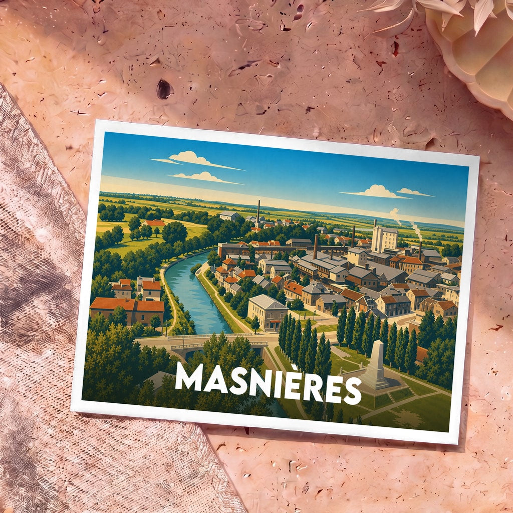 Carte postale souvenir de la ville de Masnières avec une illustration stylisée.