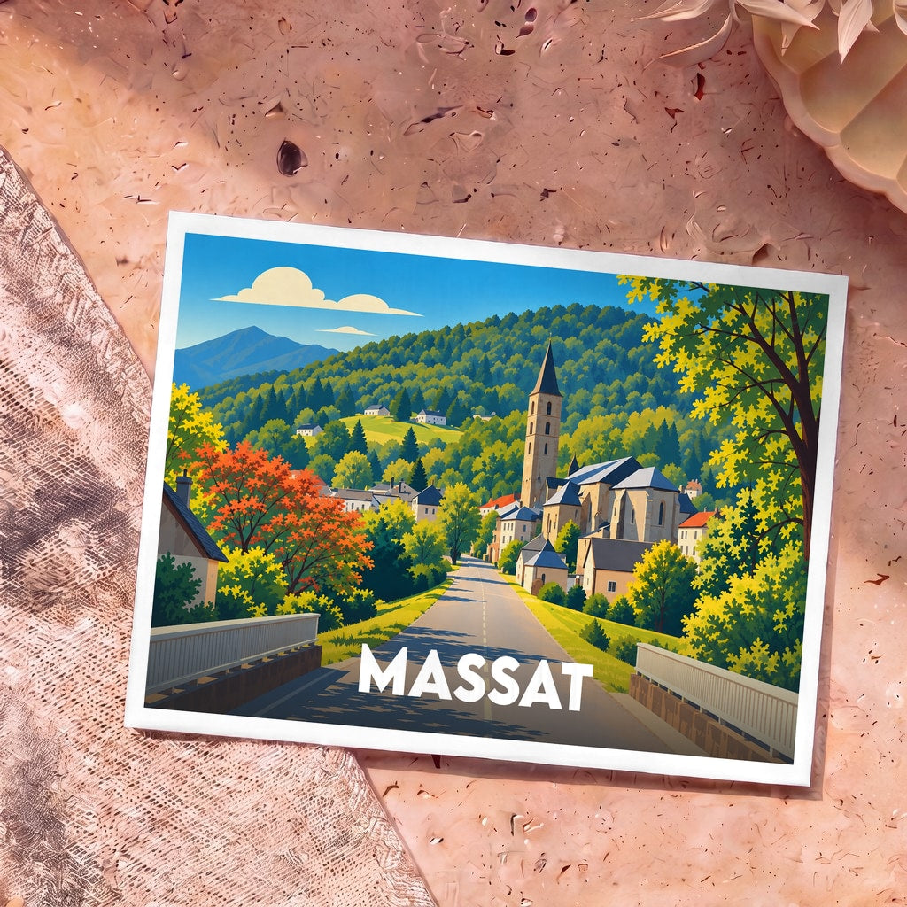 Carte postale souvenir de la ville de Massat avec une illustration stylisée et colorée.