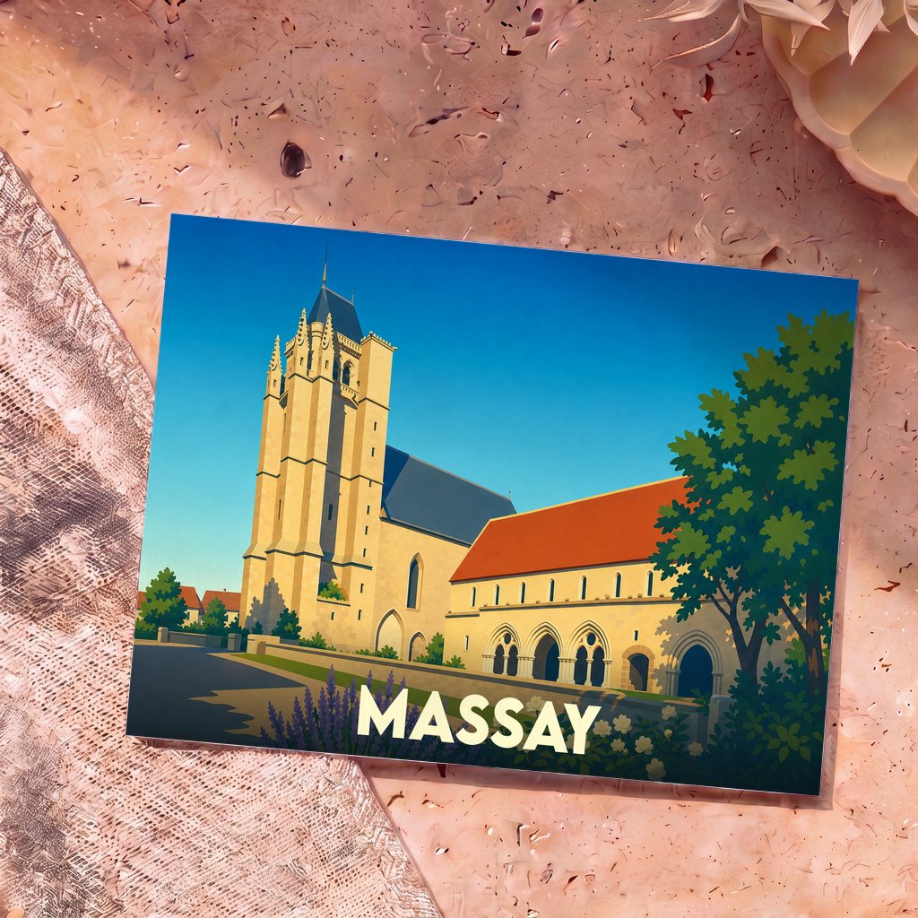 Carte postale souvenir de la ville de Massay arborant une illustration stylisée de son église abbatiale sous un ciel bleu.