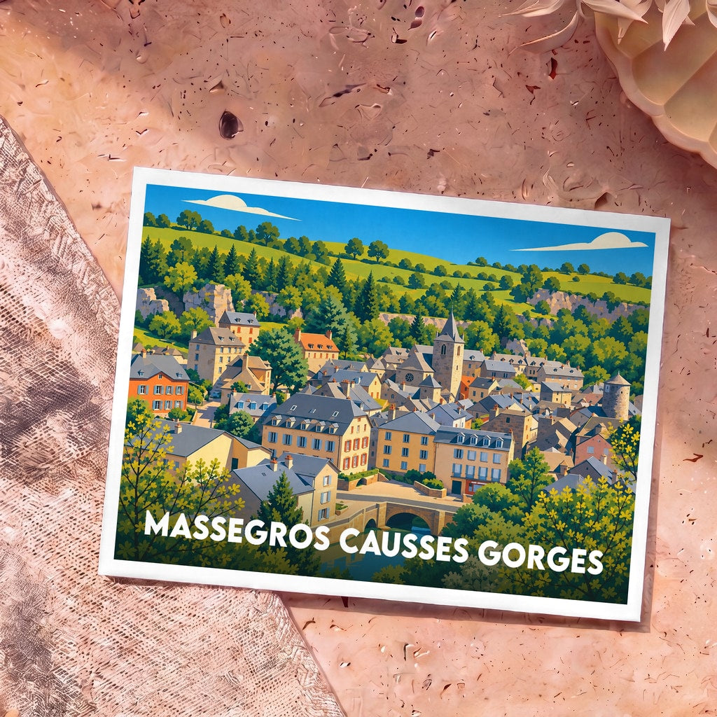 Carte postale souvenir de la commune de Massegros Causses Gorges avec une illustration stylisée du village.