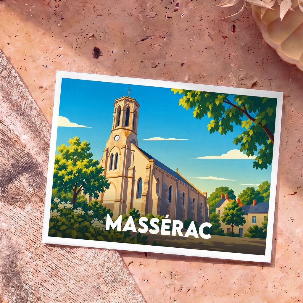 Carte postale souvenir de la ville de Massérac avec une illustration stylisée de son église sous un ciel bleu.