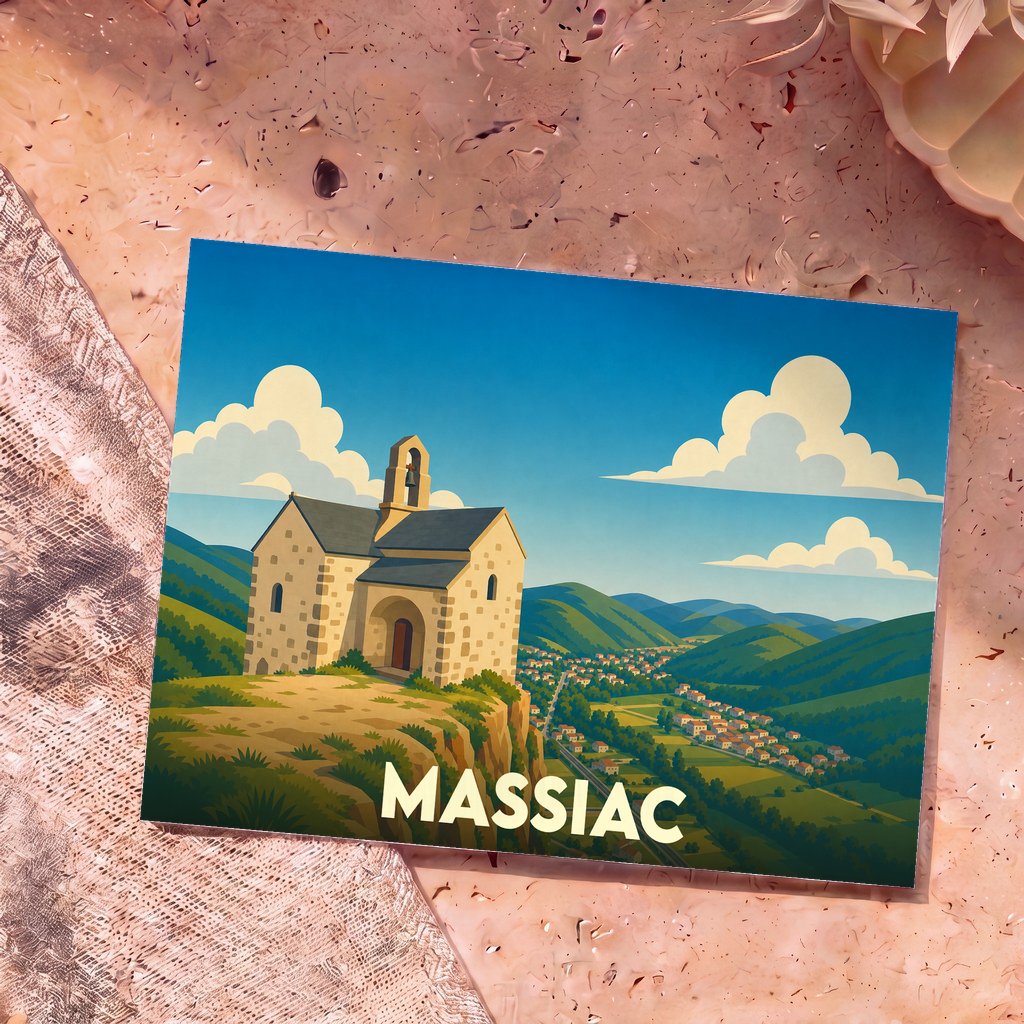 Carte postale souvenir de la ville de Massiac illustrant une chapelle perchée dominant une vallée verdoyante.